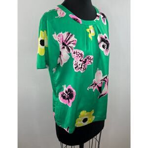 J. Crew Green Floral Print Short Sleeve Round Neck Open Back Blouse Sz M Medium
